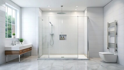 White bathroom with minimalist tile floor and shower cabin