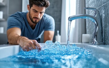 Skilled Plumber Analyzing Water Flow in a Modern Sink to Diagnose Potential Issues with Expertise and Care
