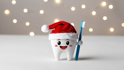 Chistmas cartoon tooth in red Santa Claus hat with toothbrush on festive background. Cartoon xmas stomatology banner. AI generated