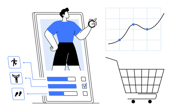 Smartphone showing a fitness app with activity tracking elements. A shopping cart and growth chart are displayed. Ideal for fitness, health monitoring, e-commerce, data analysis, technology