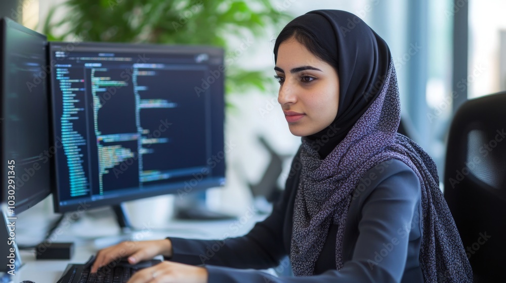 Poster in a modern office environment, a young woman wearing a hijab is focused on her computer screen, eng
