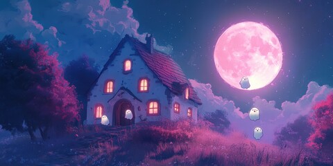 Fototapeta premium Charming and Whimsical Halloween Background Featuring a Cozy Cottage and Playful Ghosts Under a Full Moon