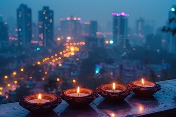 Clay lamps shine brightly against a city skyline at dusk, creating a festive atmosphere. The soft glow lights up the surrounding buildings and streets, enhancing the evening's magical ambiance