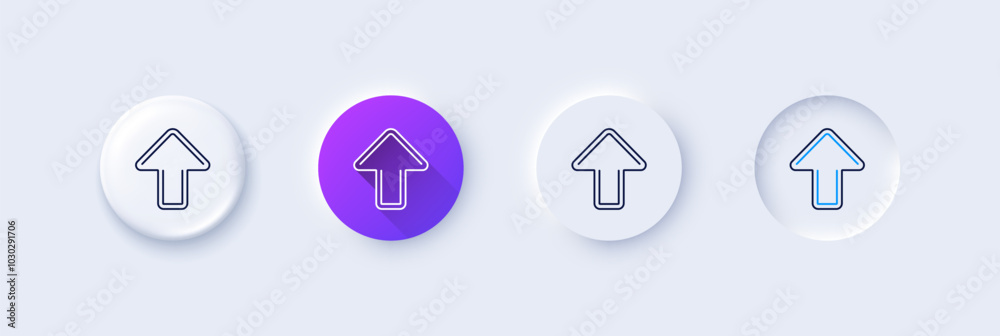 Poster upload arrow line icon. neumorphic, purple gradient, 3d pin buttons. direction arrowhead symbol. nav