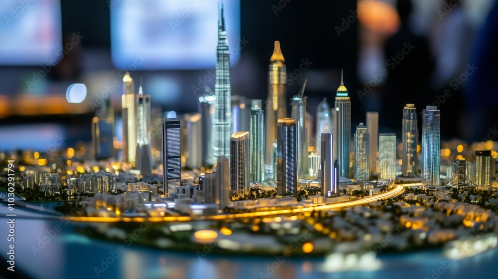 Poster a miniature model of a city, showcasing numerous skyscrapers with illuminated windows and streets. t