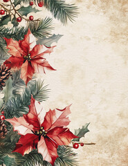 Vintage floral christmas background. Old paper winter watercolor background. Generative AI.