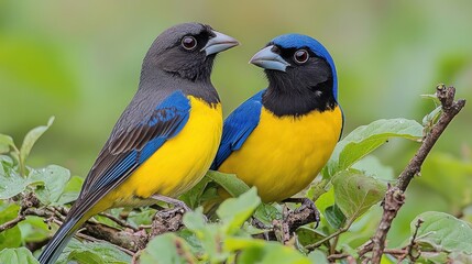 Fototapeta premium Two colorful birds perched on a branch in a natural setting.