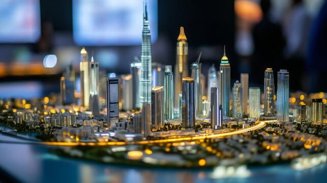 A miniature model of a city, showcasing numerous skyscrapers with illuminated windows and streets. The city lights create a warm glow against the dark background.
