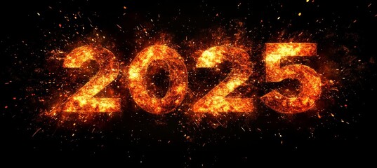 Fiery Year 2025 Blazing Numerals Against a Black Background with Sparkles for Design Projects
