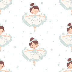 Seamless vector pattern in children's style. Cute ballerina and stars on white background . Vector illustration © Alena