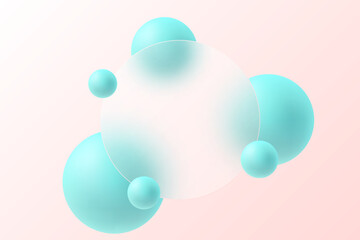 Image in glass morphism style. Translucent circle on light background with floating spheres.