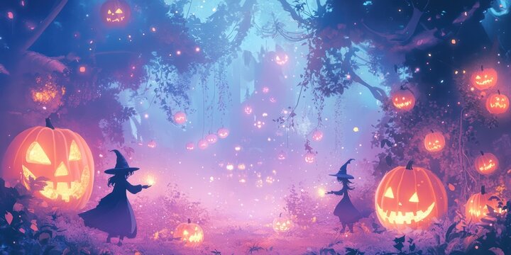 Whimsical and Enchanting Cute Halloween Background Featuring Magical Witches Glowing Pumpkins and a Spooky Forest Atmosphere