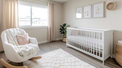 Minimalist nursery with a white rocking chair, soft beige curtains, and a low-profile crib in a clean, open space