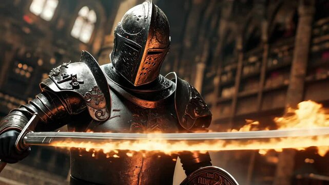 A holy knight holding a glowing sword and a shield, in the Middle Ages style.