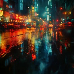 Vibrant City Night Scene With Reflections on Wet Street