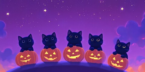 Charming Halloween Background with Playful Black Cats and Pumpkins under a Starry Sky