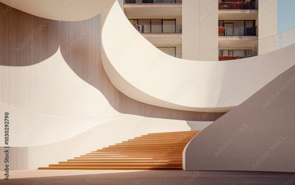 Wall mural elegant modern architecture featuring curved walls and wooden steps in a serene urban setting