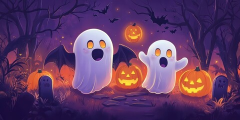 Charming and Whimsical Halloween Background Featuring Cute Ghosts and Pumpkins in a Spooky Forest Setting