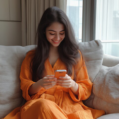 Smiling woman using smartphone in cozy indoor setting