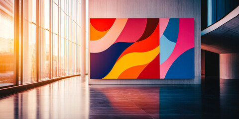 Abstractive art display in a modern gallery during sunset with colorful waves and shapes