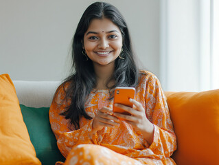 Smiling woman using smartphone in cozy indoor setting