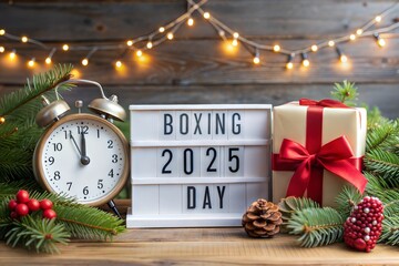 Festive boxing day countdown to 2025 with clock and gifts