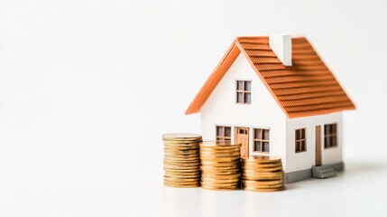 A bright and minimalist composition featuring a house model and a neatly arranged stack of coins on a white background, representing real estate taxes and investment strategies.