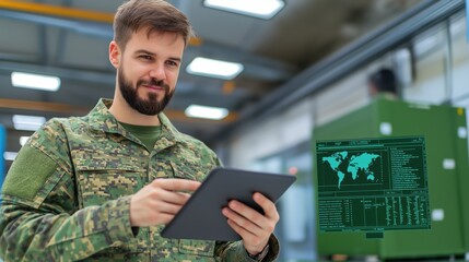 Military technician analyzing data on tablet with global map interface in high-tech facility