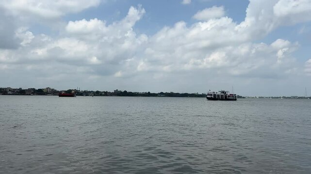 Ferry boat crosses the Hooghly River at Sova bajar ghat in Kolkata.