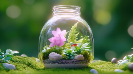 Serene terrarium with pink orchid and fern in sunlit glass jar on mossy surface