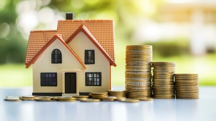 A clear view of a house model placed next to a tall stack of coins on a bright white table, symbolizing the intersection of real estate investment and financial strategies.