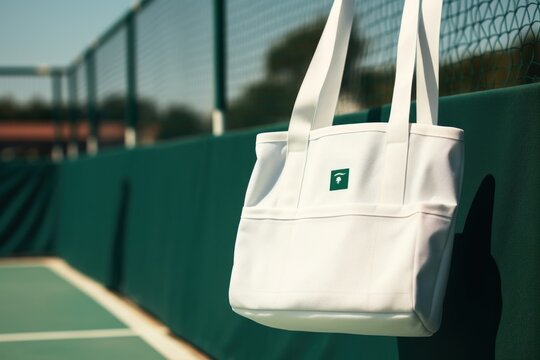 Hanging on top of a tennis net bag handbag white. - Powered by Adobe