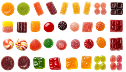 Assortment of colorful gummy and hard candies in various shapes and flavors, isolated on transparent background, sweet treats collection