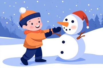 A joyful child building a snowman in a snowy landscape during winter with a festive hat and cheerful expression