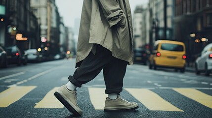 Person Walking on Crosswalk in Urban Setting