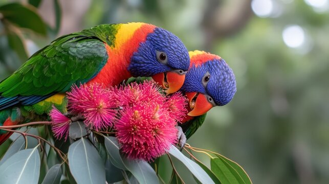Colorful lorikeets feeding on vibrant pink blossoms in a natural setting
