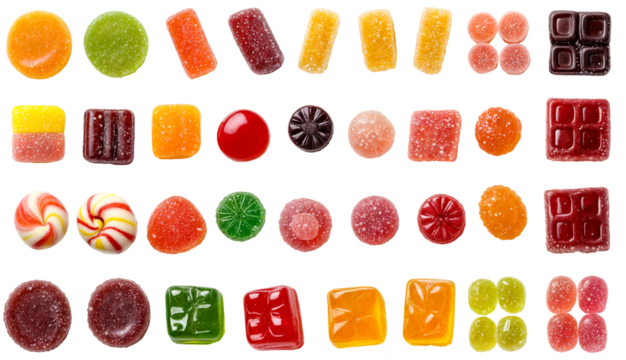 Assortment of colorful gummy and hard candies in various shapes and flavors, isolated on transparent background, sweet treats collection