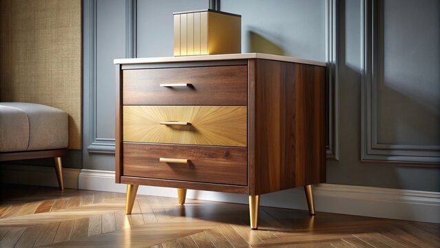luxury bedside cabinet in brown and ochra colors tilted at an angle