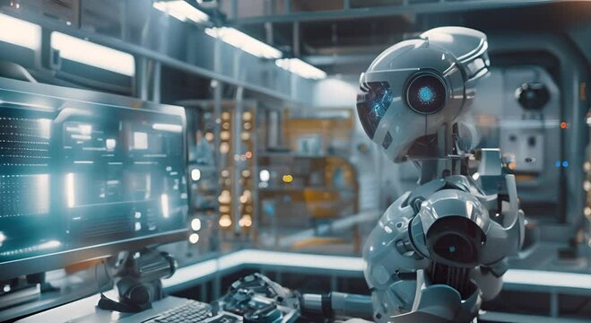 A White Robot Working at a Computer in a Futuristic Laboratory