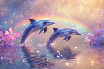 Two dolphins leap gracefully against a vibrant sunset with colorful flowers and a rainbow backdrop © Dream maker