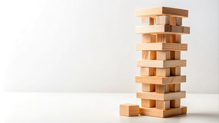 wooden tower educational toy on white background with blurred foreground
