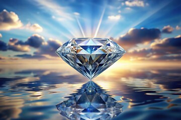 Obraz premium Luxury diamond balanced on water surface with sky reflection background