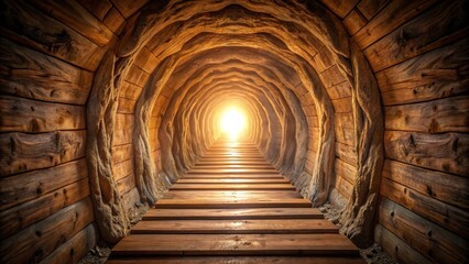 Obraz premium Wooden tunnel cave with single light at end