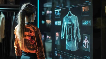 A woman in an orange jacket stands in a dimly lit room facing a digital display