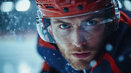 Dynamic waist-up portrait of a male hockey player in action on the ice