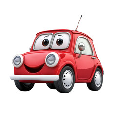Smiling cartoon red car with large eyes and cheerful expression on white background
