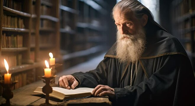 An Elderly Man in a Black Robe Reads a Book by Candlelight in a Library