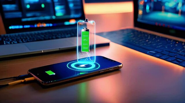 A smartphone is charging wirelessly on a charging pad with a glowing green battery icon.