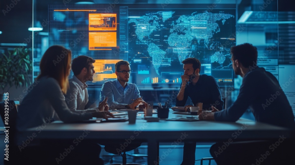 Poster A group of five professionals is engaged in a discussion around a table, with a detailed data display in the background, illustrating real-time analytics and a digital world map at night.