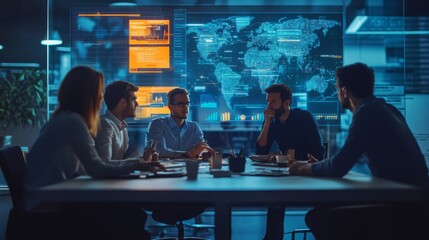 A group of five professionals is engaged in a discussion around a table, with a detailed data display in the background, illustrating real-time analytics and a digital world map at night.